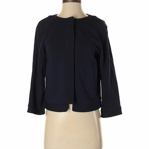 Joan Vas’s 0 navy hidden snap collarless 3/4 sleeve‎ retro career classic blazer